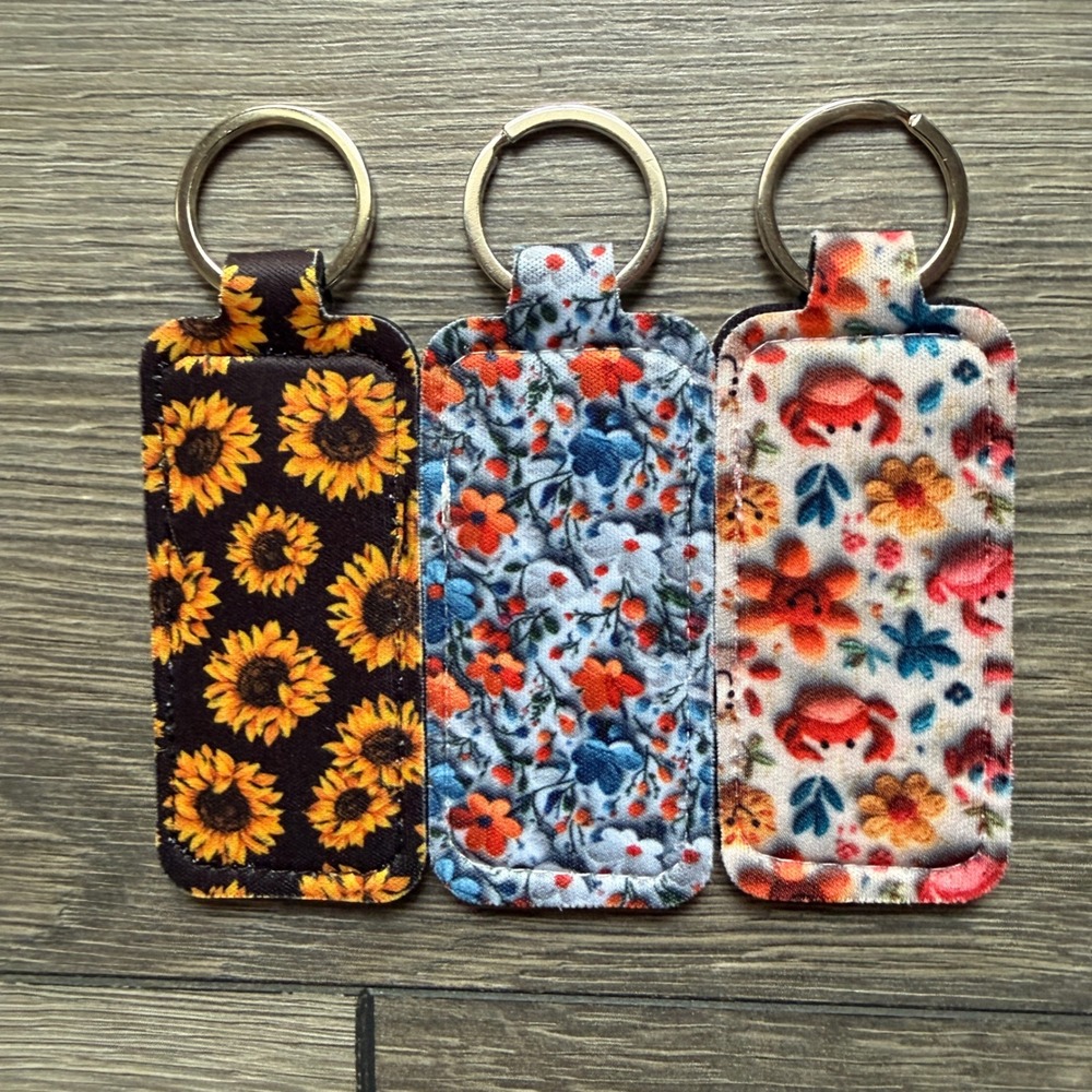 Set of 3 Handmade Fabric Chapstick Holder Keychains Sunflower Floral Crab Print